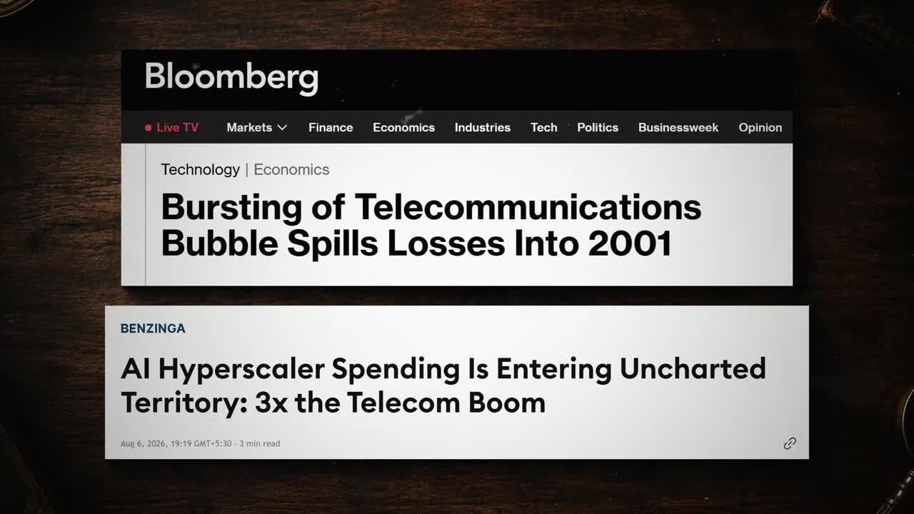 Headline about the 2001 telecom bubble burst alongside a headline comparing AI hyperscaler spending to the telecom boom