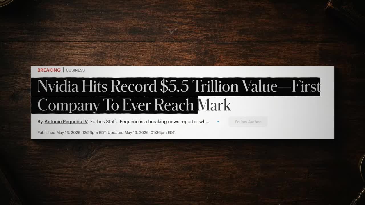 Breaking news headline: Nvidia hits record $5.5 trillion value, first company to ever reach that mark