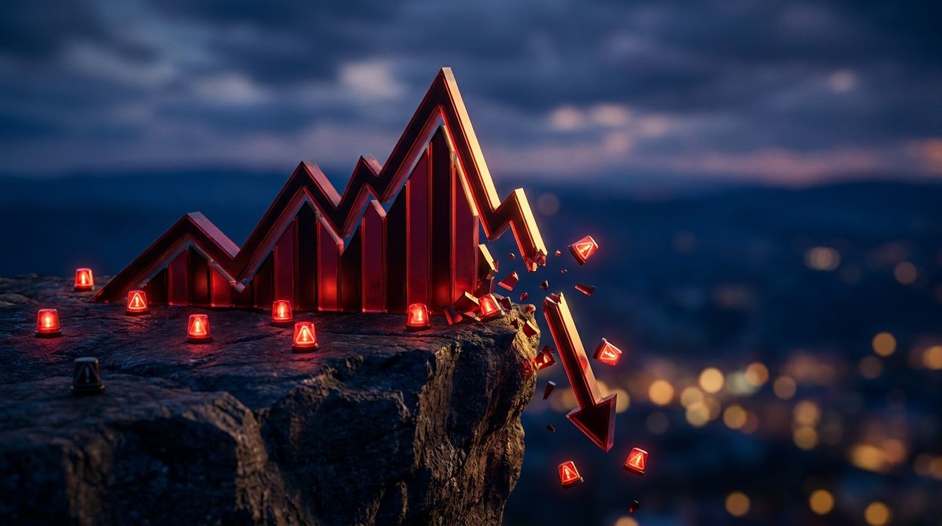 A dramatic stock market chart displaying a sharp upward trajectory that suddenly plummets off a cliff's edge, rendered in deep red and black tones against a dark background.