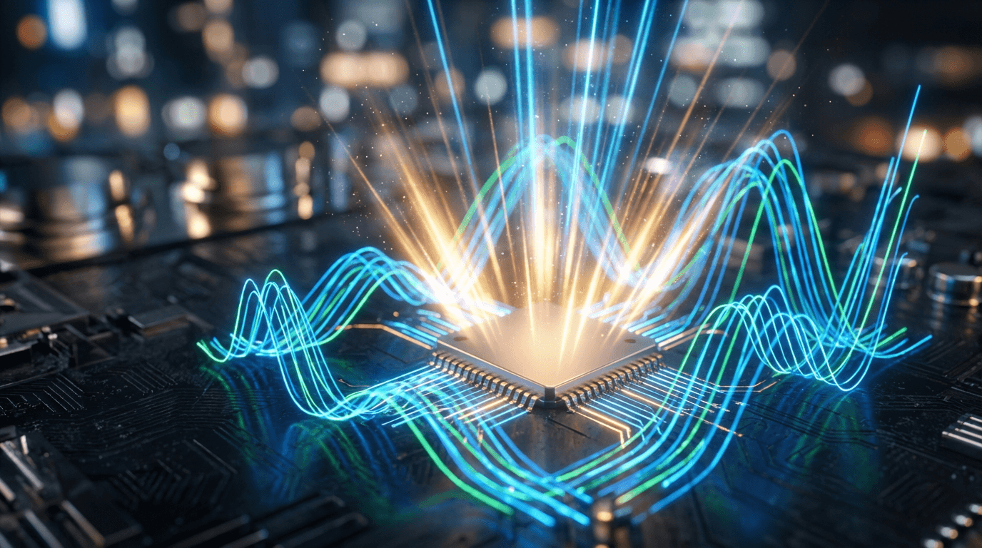 A dynamic upward-trending stock chart rendered in electric blue and green glows against a dark background, with a bold semiconductor chip or circuit board motif integrated into the composition.