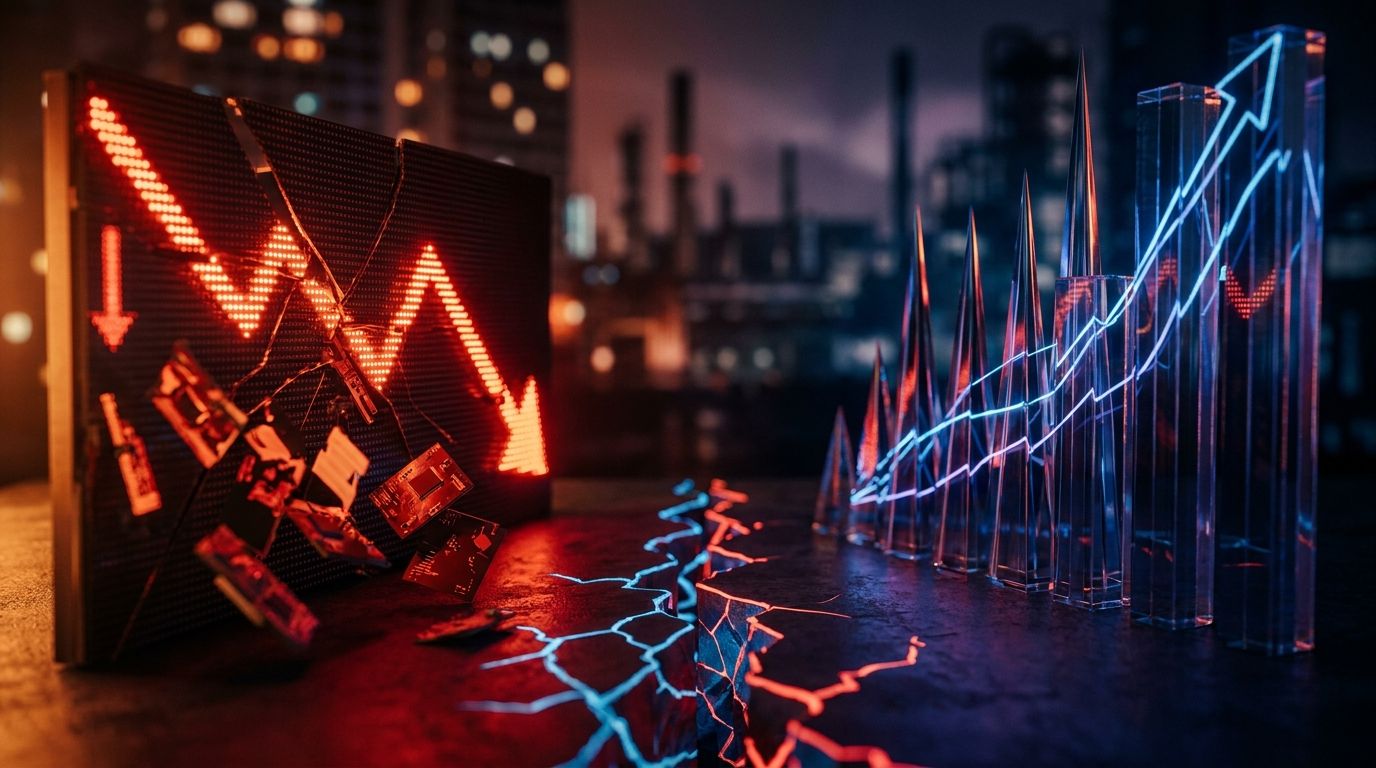 A dramatic split-scene showing a glowing stock market ticker board with red downward arrows and falling tech company logos on one side, while towering bond yield graphs spike sharply upward on the other side.