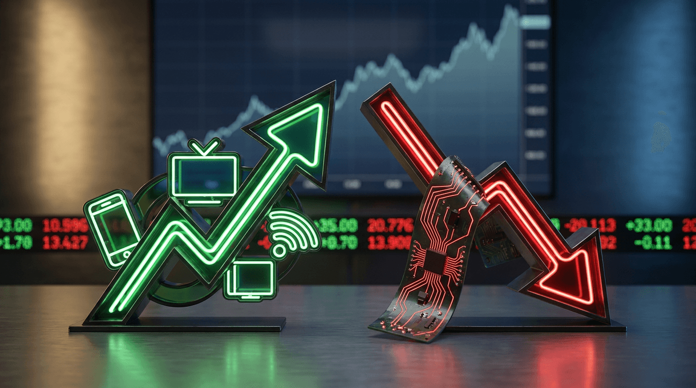 A split-composition digital finance graphic: on one side, a glowing green upward arrow intertwined with subtle icons of a smartphone, TV screen, and network signal (representing Communication Services strength), while the other side shows a