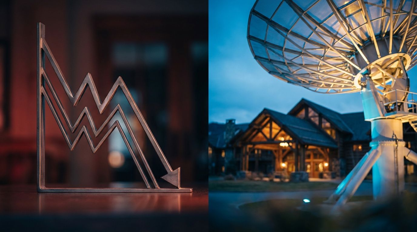 A split-screen visual showing a downward-trending stock market graph in muted red tones on one side, contrasted with a glowing communication tower or satellite dish on the other side representing the outperforming sector.