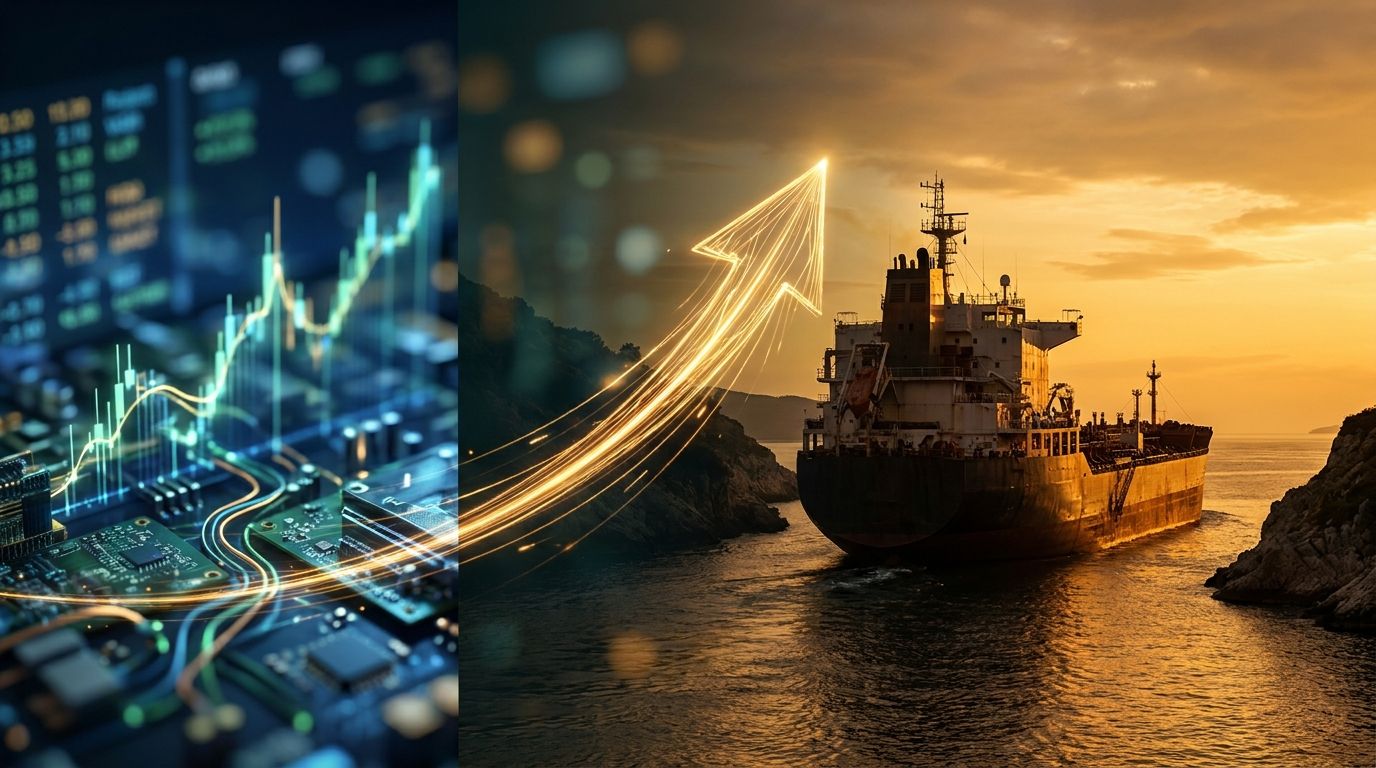 A split-composition image showing a rising stock market graph or ticker board on one side, with an oil tanker or shipping vessel passing through a narrow strait on the other side, bathed in warm golden light suggesting optimism and forward