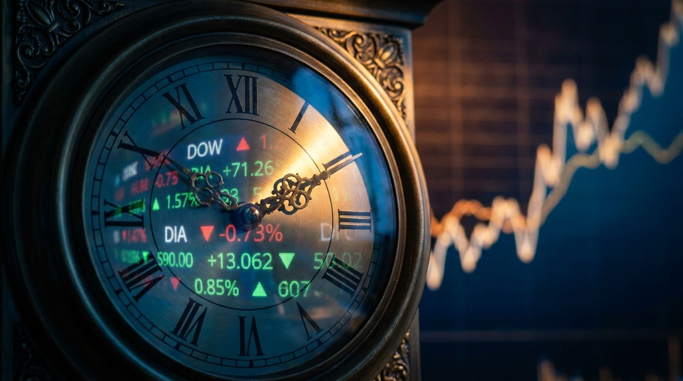 A close-up of a large, ornate clock face with the Dow Jones ticker board reflected in its glass, symbolizing the market's tense waiting period before the critical CPI release.
