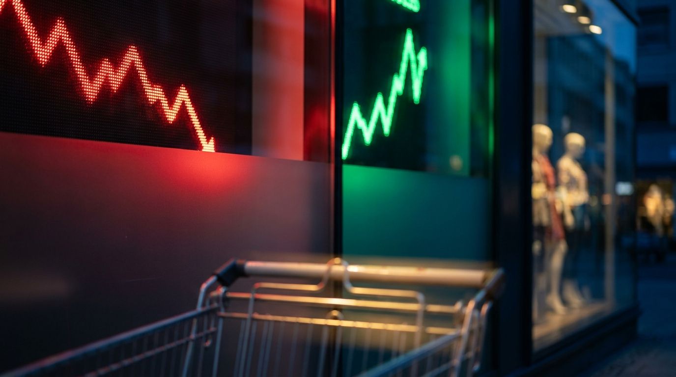 A split-screen composition showing a downward-trending stock ticker display on one side and an upward-trending chart on the other, rendered in bold red and green tones to visually capture the market divergence between the Dow and Nasdaq.