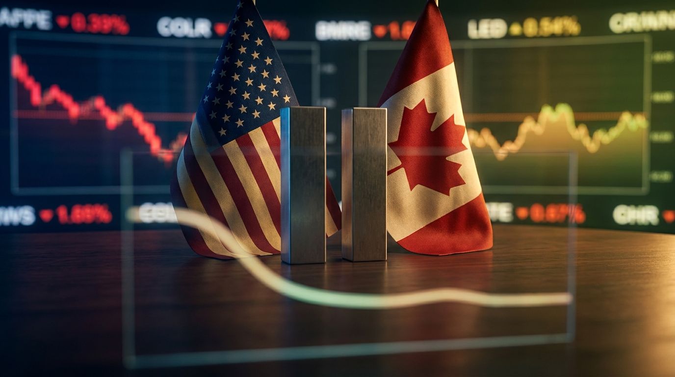 A split-scene image showing the American and Canadian flags subtly intertwined or facing each other across a negotiating table, with a dramatic pause symbol or frozen clock overlaid against a backdrop of glowing stock market ticker screens.