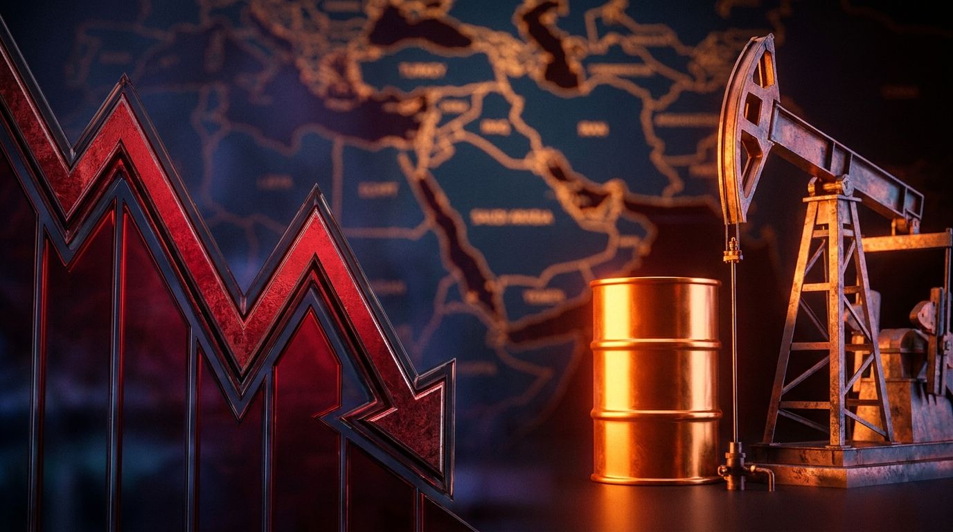 A dramatic split-screen composition showing a downward-trending stock market graph in deep red on one side, contrasted against a glowing oil barrel or rising crude oil pump jack bathed in fiery orange-gold light on the other.