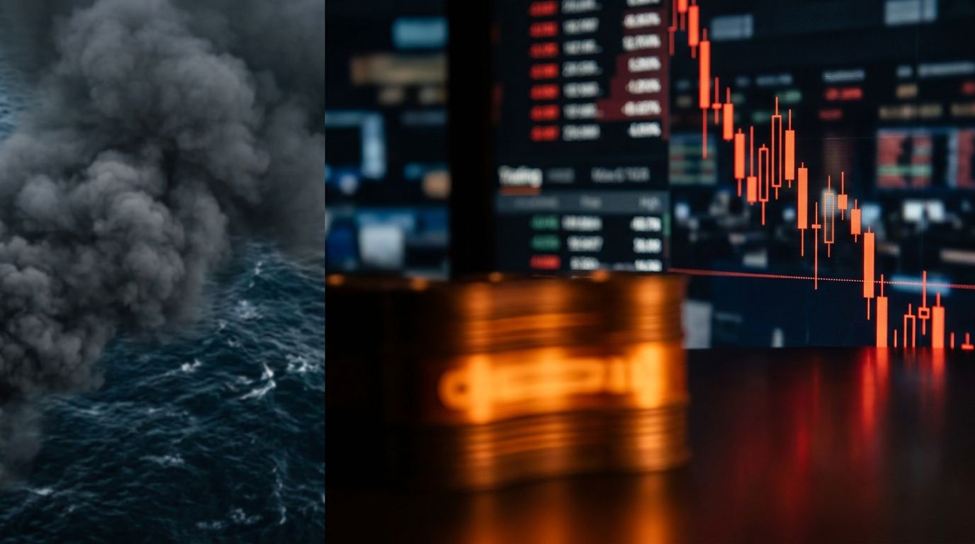 A split-scene composition showing a dramatic aerial view of military strike smoke rising over dark ocean waters on one side, while on the other side, a stock market trading screen displays sharply declining red candlestick charts and fallin
