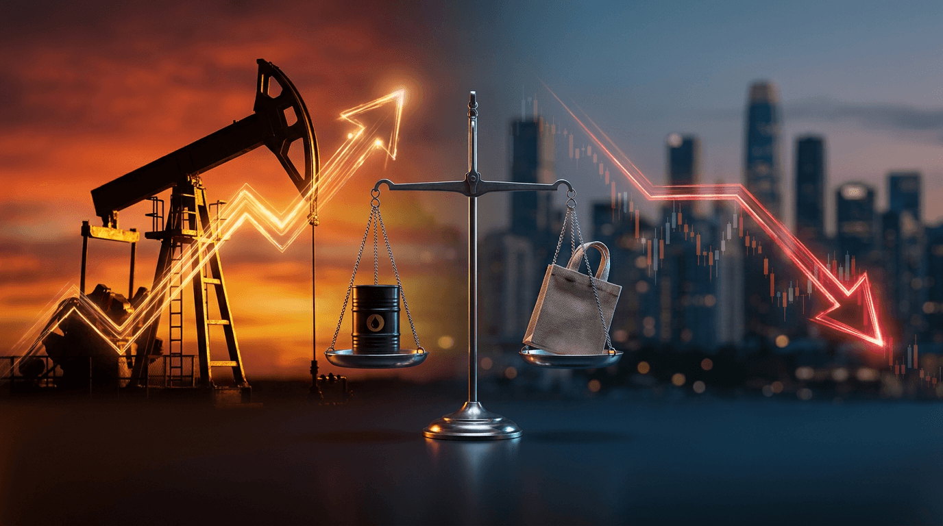 A split-screen composition: on one side, a glowing oil rig or pumpjack silhouetted against a fiery orange-red sky with an upward-trending chart line, symbolizing energy's surge; on the other side, a downward red arrow or falling stock chart