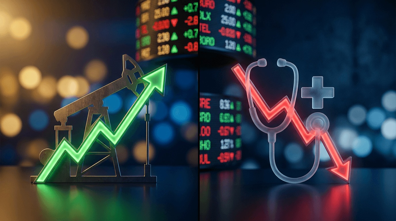 A split-screen financial chart visualization: on one side, a bold upward green arrow rising through an oil rig or energy pump jack silhouette symbolizing Energy's gains, while on the other side, a red downward arrow or declining line graph