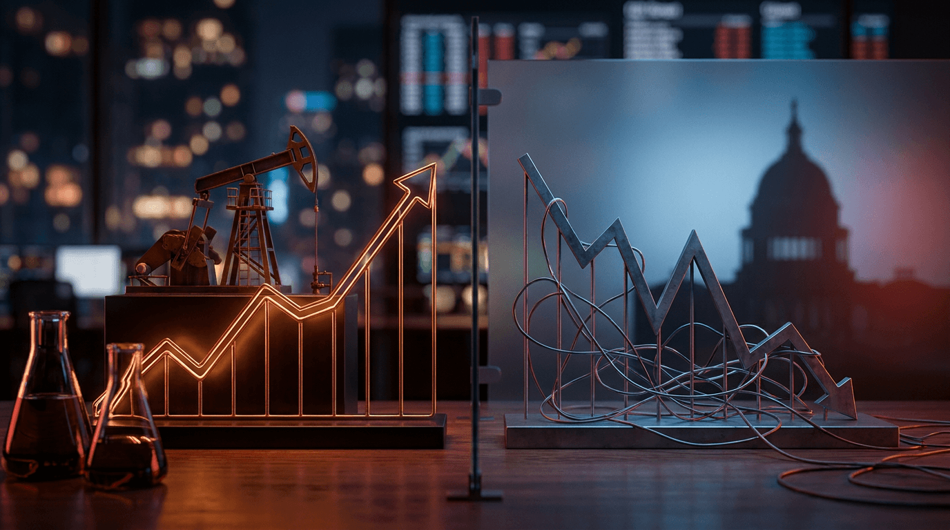 A split-mood trading floor scene: on one side, a vivid red oil derrick or pump jack glowing against a rising crude price chart line, symbolizing energy's surge; on the other side, a downward-sloping stock ticker line in muted red tones with