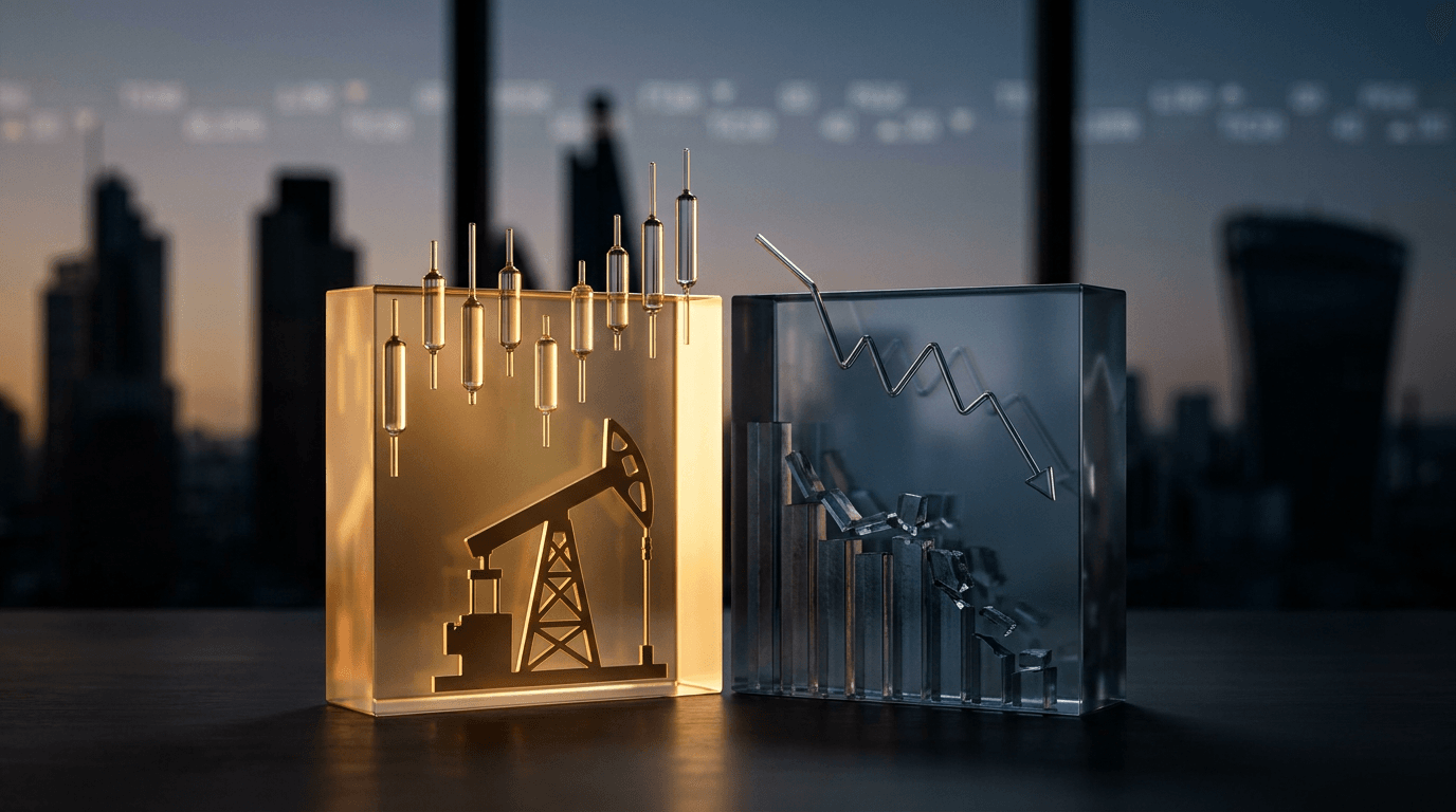 A split-tone digital stock chart where one side glows amber/orange with a rising oil-rig silhouette and upward candlesticks representing Energy's gains, while the other side fades into cool blue-gray with a downward-trending line and a smal
