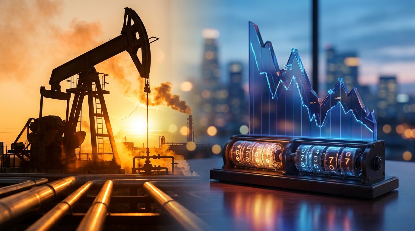 A split-composition image showing a dramatic upward-surging oil derrick or energy infrastructure tower bathed in warm amber and orange light on one side, contrasted against a downward-trending stock chart rendered in cool blue tones on the