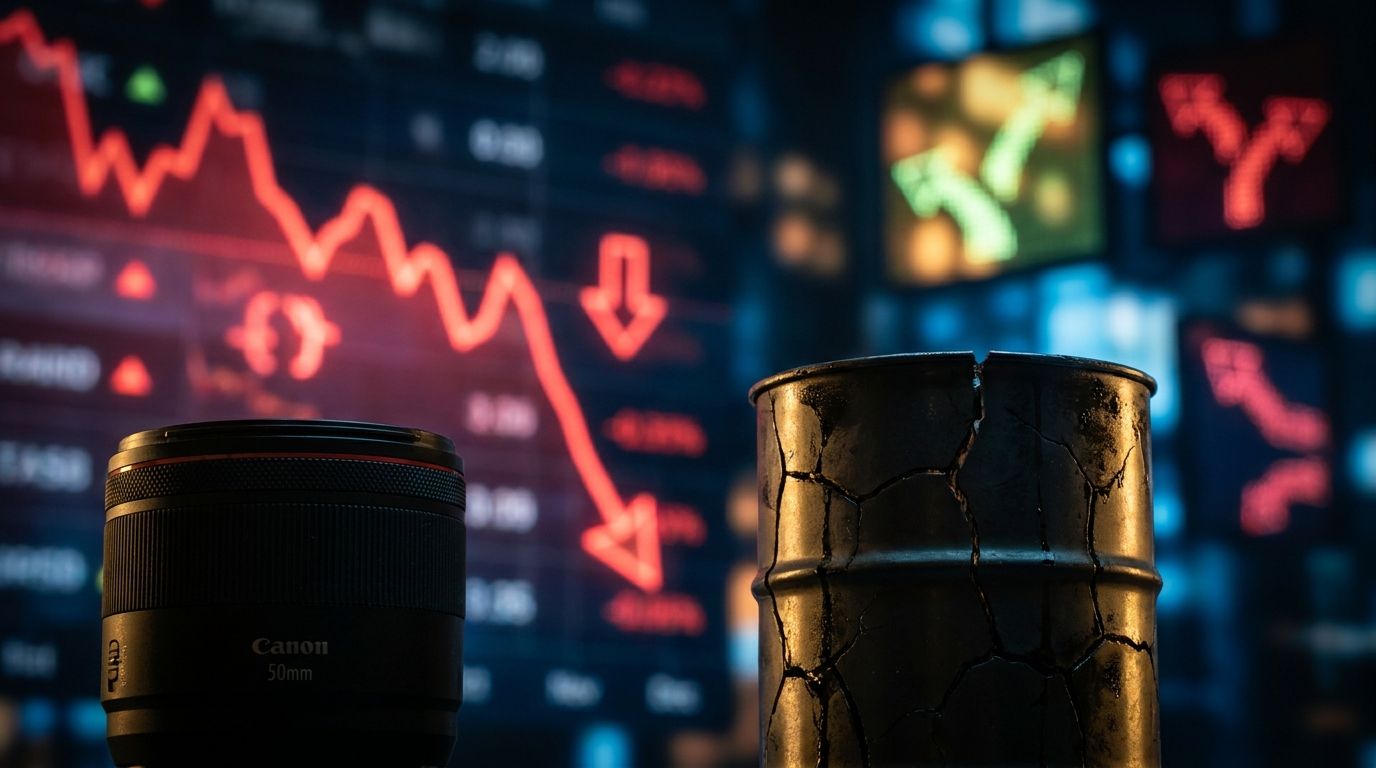 A cracked or fractured oil barrel sits in the foreground, with a downward-trending price chart glowing in red behind it against a dark financial backdrop.