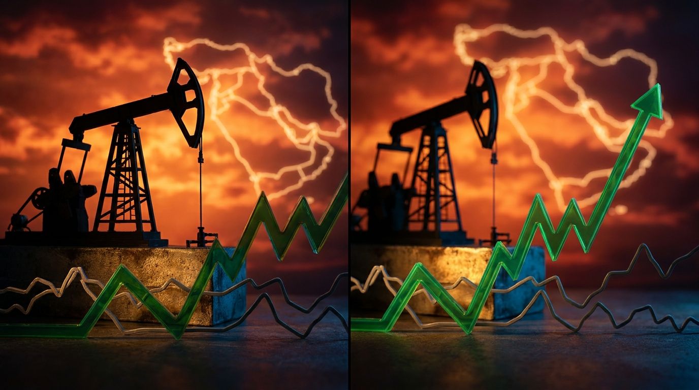 A dramatic split-scene composition showing an oil derrick or crude oil pump jack silhouetted against a fiery orange and red sky, with a subtle map outline of the Middle East/Strait of Hormuz glowing in the background.