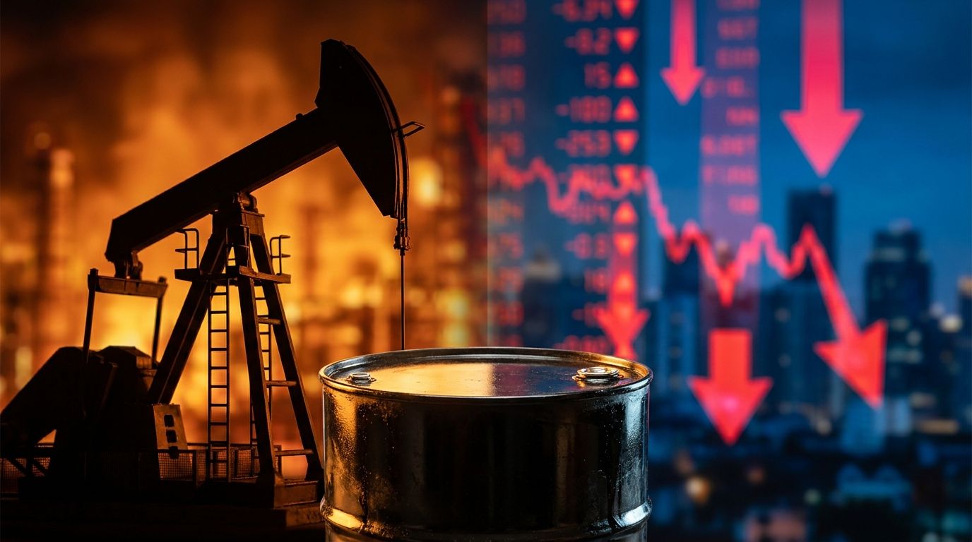 A dramatic split-screen composition showing a bold upward-surging oil derrick or pump jack on one side bathed in warm amber and orange light, contrasted against a sea of falling red stock ticker arrows on the other side.