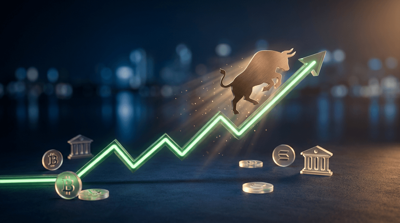 A dynamic upward-trending stock chart line glowing in green, sweeping across a dark navy background, with a stylized bull silhouette breaking through the ascending line.