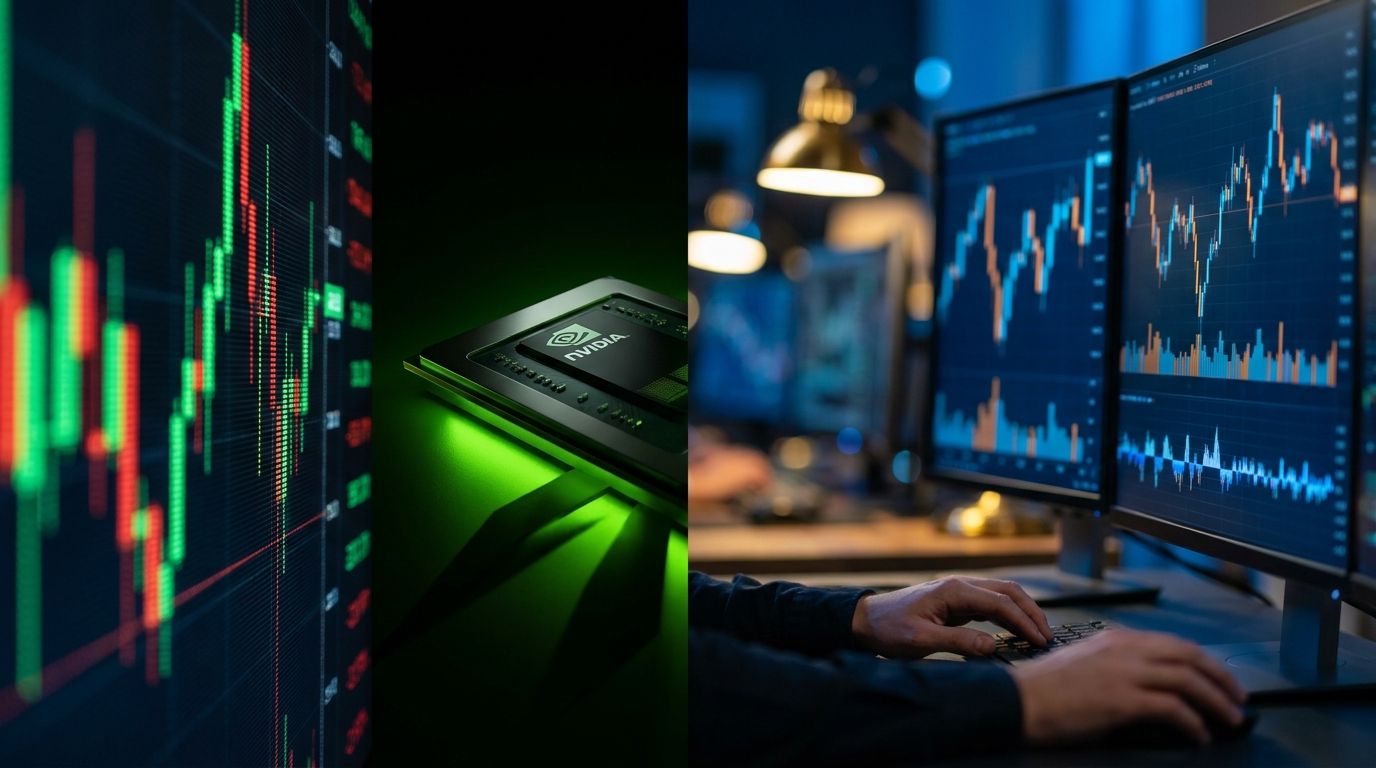 A split-scene composition showing a glowing stock market ticker board with green and red fluctuating numbers on one side, and a sleek Nvidia GPU chip illuminated in dramatic green light on the other.