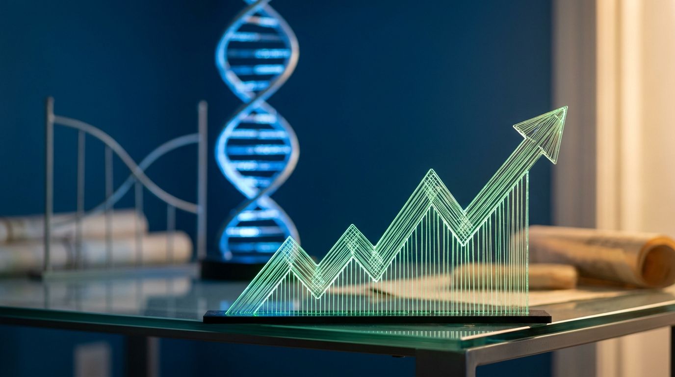 A dynamic upward-trending stock chart in vivid green dominates the foreground, with a prominent medical cross or DNA helix symbol glowing in the background to represent the healthcare sector surge.