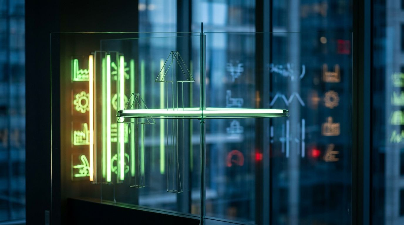 A split stock market display board shows various sector ticker symbols with industrial stocks glowing bright green while others remain neutral or slightly red, creating a visual contrast of sector rotation.