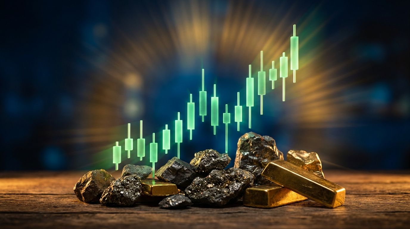 A dynamic upward-trending stock chart with glowing green candlesticks dominates the foreground, while chunks of raw metallic minerals and gold bars are artistically arranged in the lower portion of the frame.