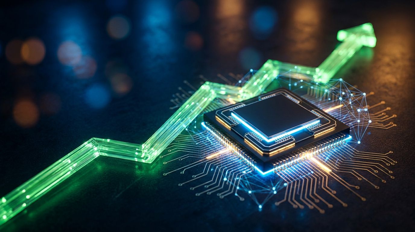 A dramatic upward-trending stock chart rendered in glowing green lines surges across a dark background, with a stylized Nvidia GPU chip at its center radiating electric blue light.