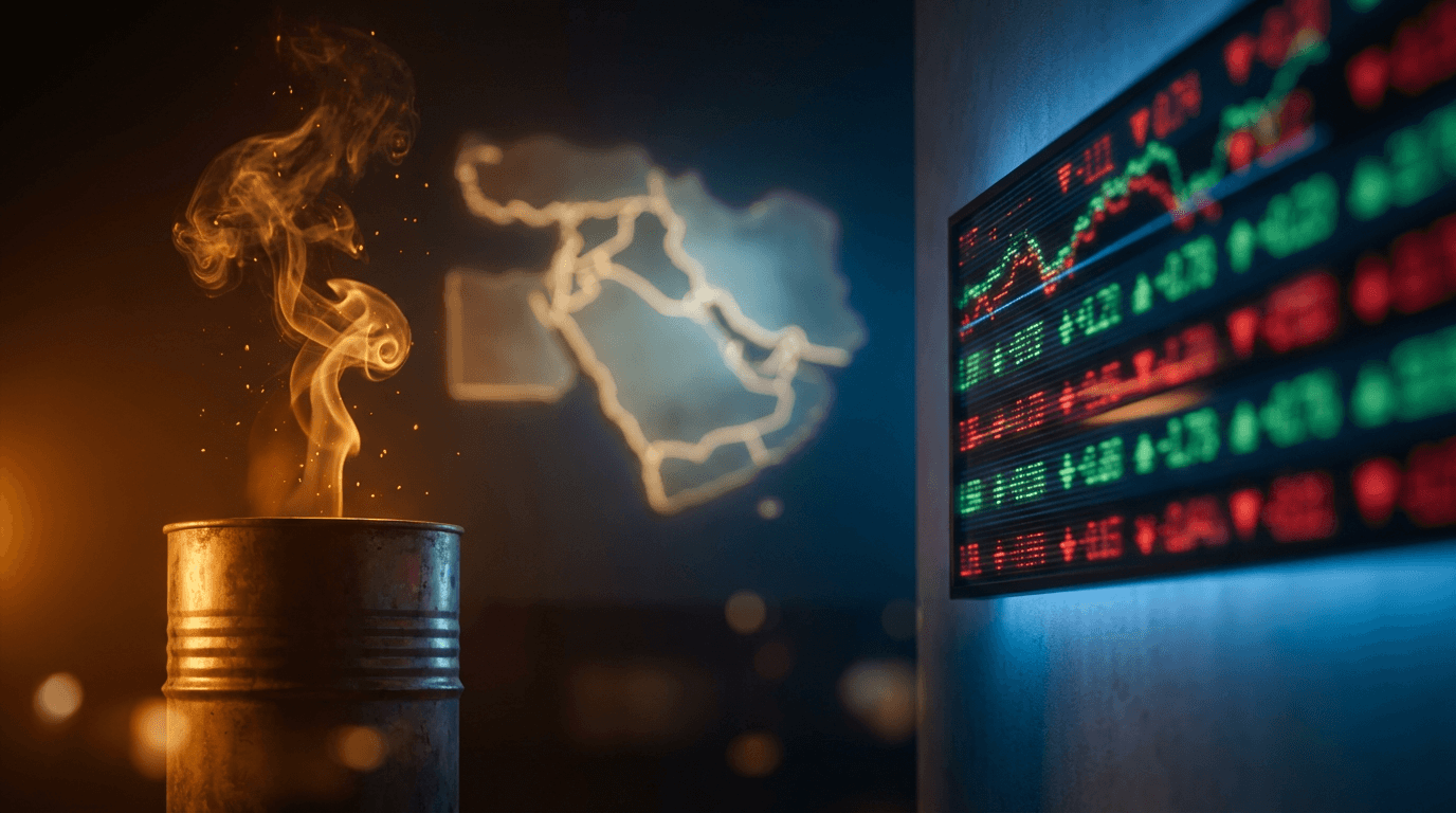 A split-screen composition showing a dramatic upward-surging oil barrel graphic or flame on one side, bathed in deep amber and orange tones, contrasted against a stock market ticker board with mixed green and red arrows on the other side.