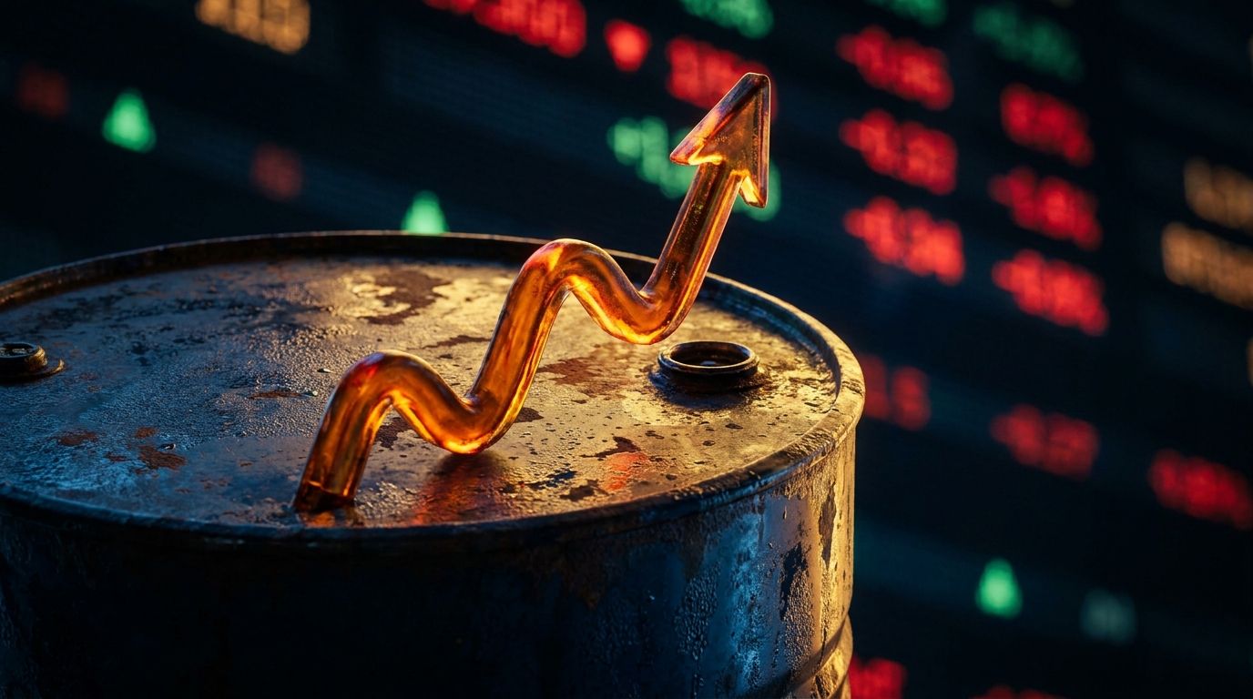 A dramatic close-up of an oil barrel or crude oil pipeline with a bold upward arrow rendered in fiery orange and gold tones, set against a dark, moody background that suggests market volatility.