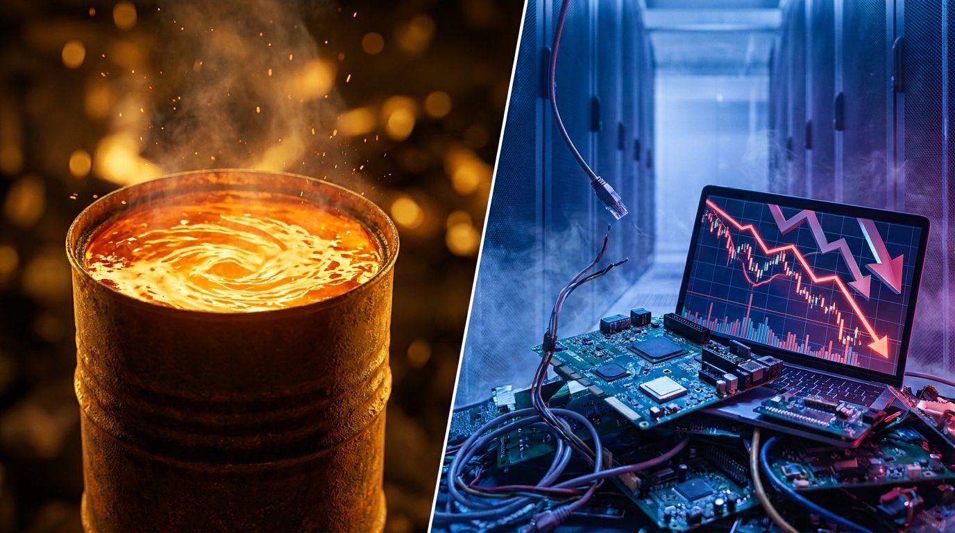A dramatic split-screen composition showing a glowing oil barrel or rising flame on one side bathed in warm amber light, contrasted against a downward-trending stock chart or crashing circuit board on the other side in cool blue tones.