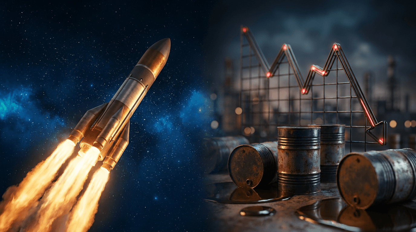 A dramatic split-screen composition showing a SpaceX rocket launching powerfully into a starry sky on one side, while oil barrels and a downward-trending stock chart fade into the background on the other.