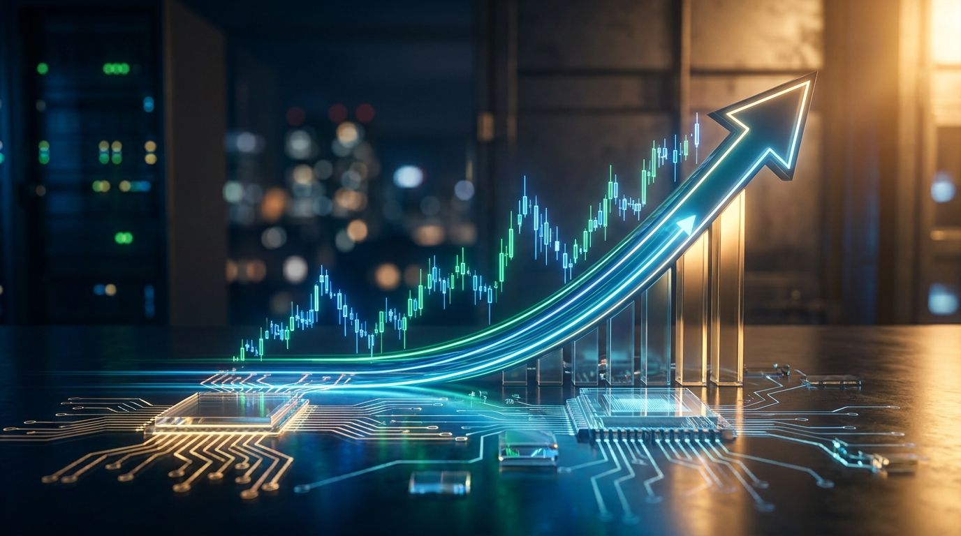 A dramatic upward-sweeping stock chart rendered in electric blue and green glows against a dark background, with a bold arrow piercing through the stratosphere toward record highs.