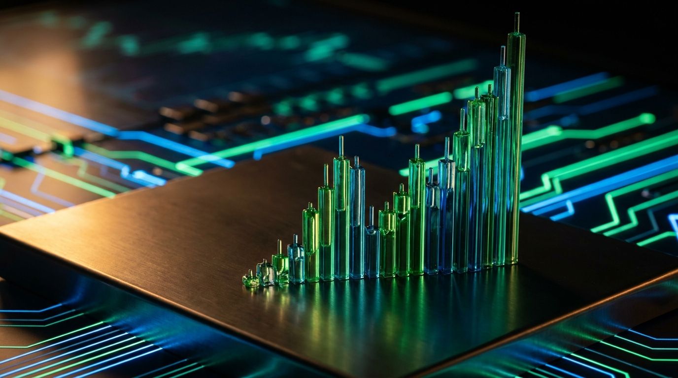 A dynamic upward-trending stock chart with bold green candlesticks surging sharply higher fills the frame, rendered with a sleek dark financial dashboard aesthetic.