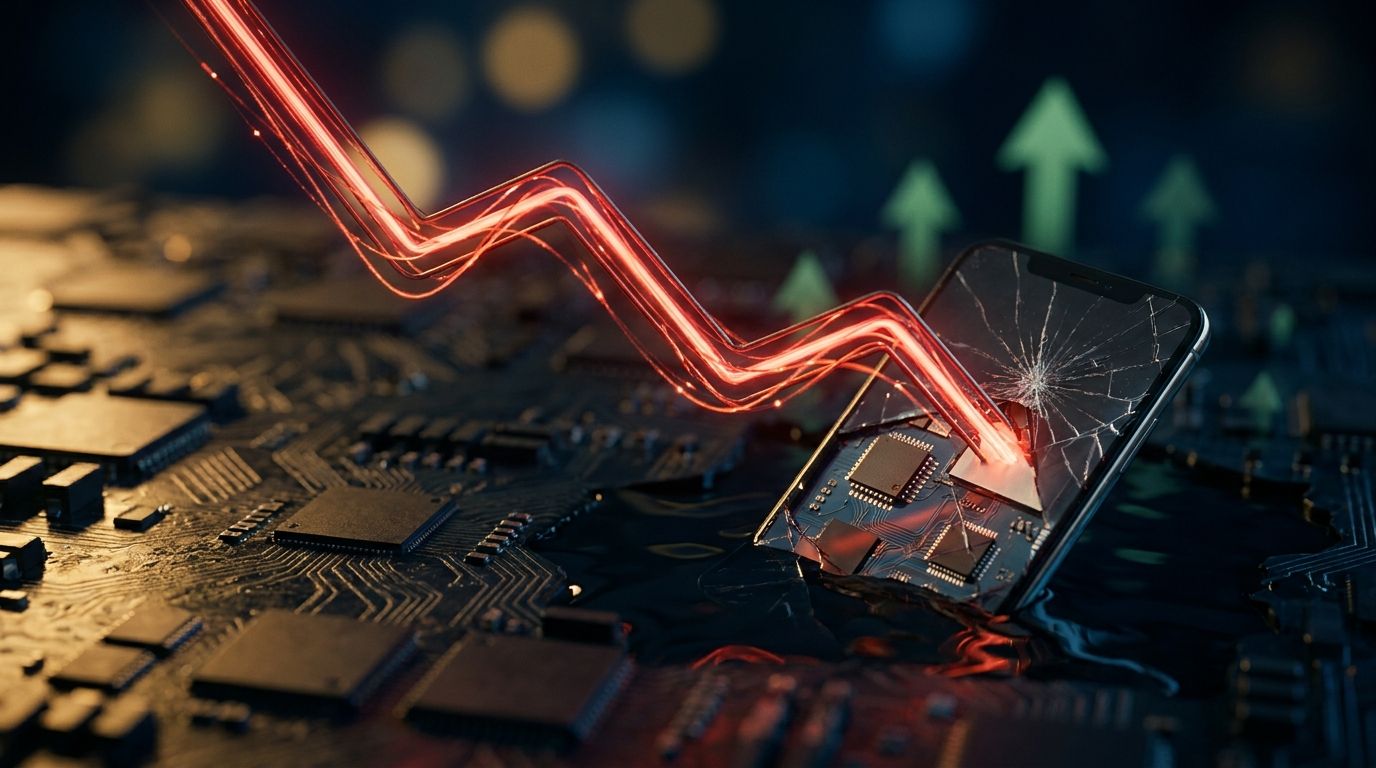A dramatic downward-trending stock chart dominates the frame, rendered in glowing red against a dark background, with a cluster of tech company logos or circuit board patterns visibly dragging the line lower.
