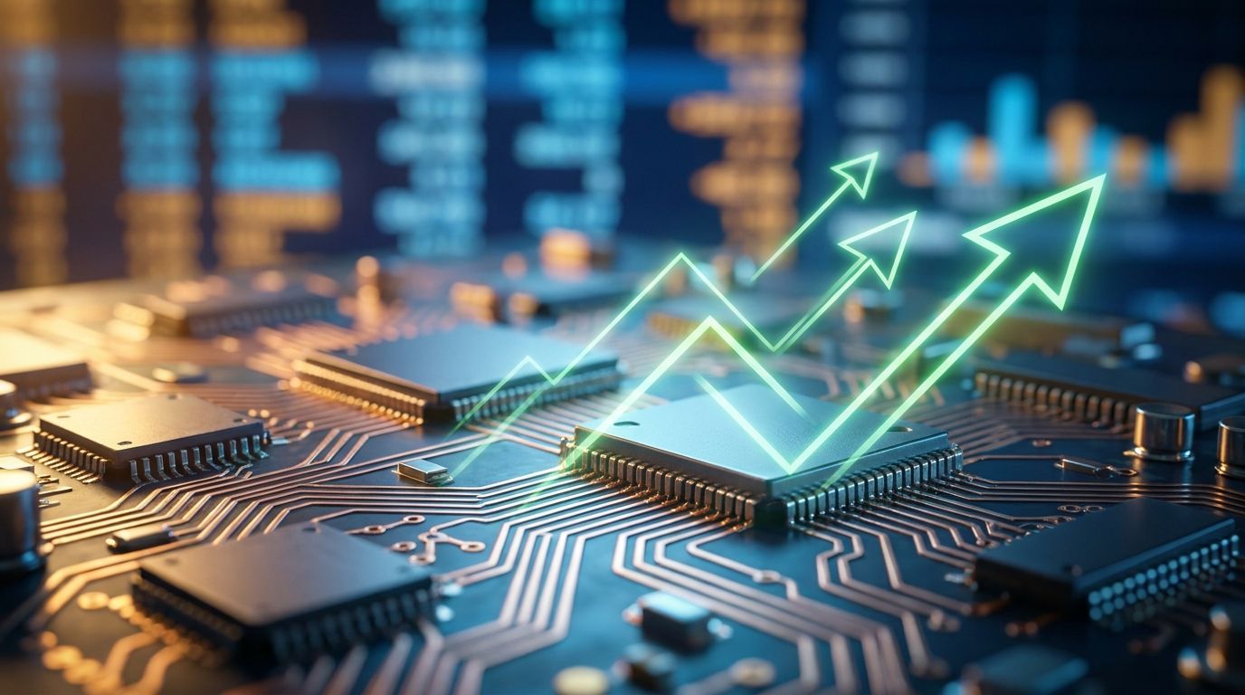 A dynamic stock market display showing glowing green upward arrows and rising chart lines dominated by a prominent technology sector symbol, with semiconductor chips subtly visible in the foreground.