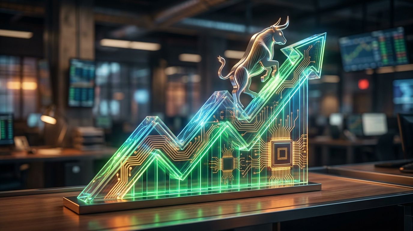 A dynamic upward-trending stock market chart rendered in vivid green and blue tones dominates the frame, with glowing semiconductor microchip circuitry patterns overlaid across its surface.