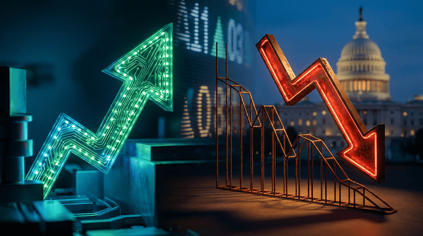 A split-mood financial scene: on one side, a glowing green upward arrow entwined with circuit-board patterns representing surging technology stocks, while on the other, a red downward arrow and a subtly deflating stock chart line evoke the