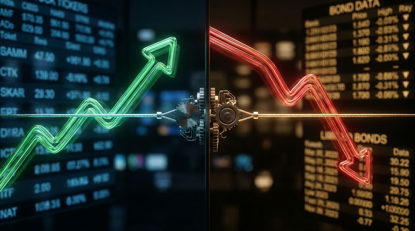 A dramatic split-screen visual showing a bold upward-trending green stock chart arrow on one side and a downward-plunging red bond yield curve on the other, set against a dark financial backdrop with glowing market data.