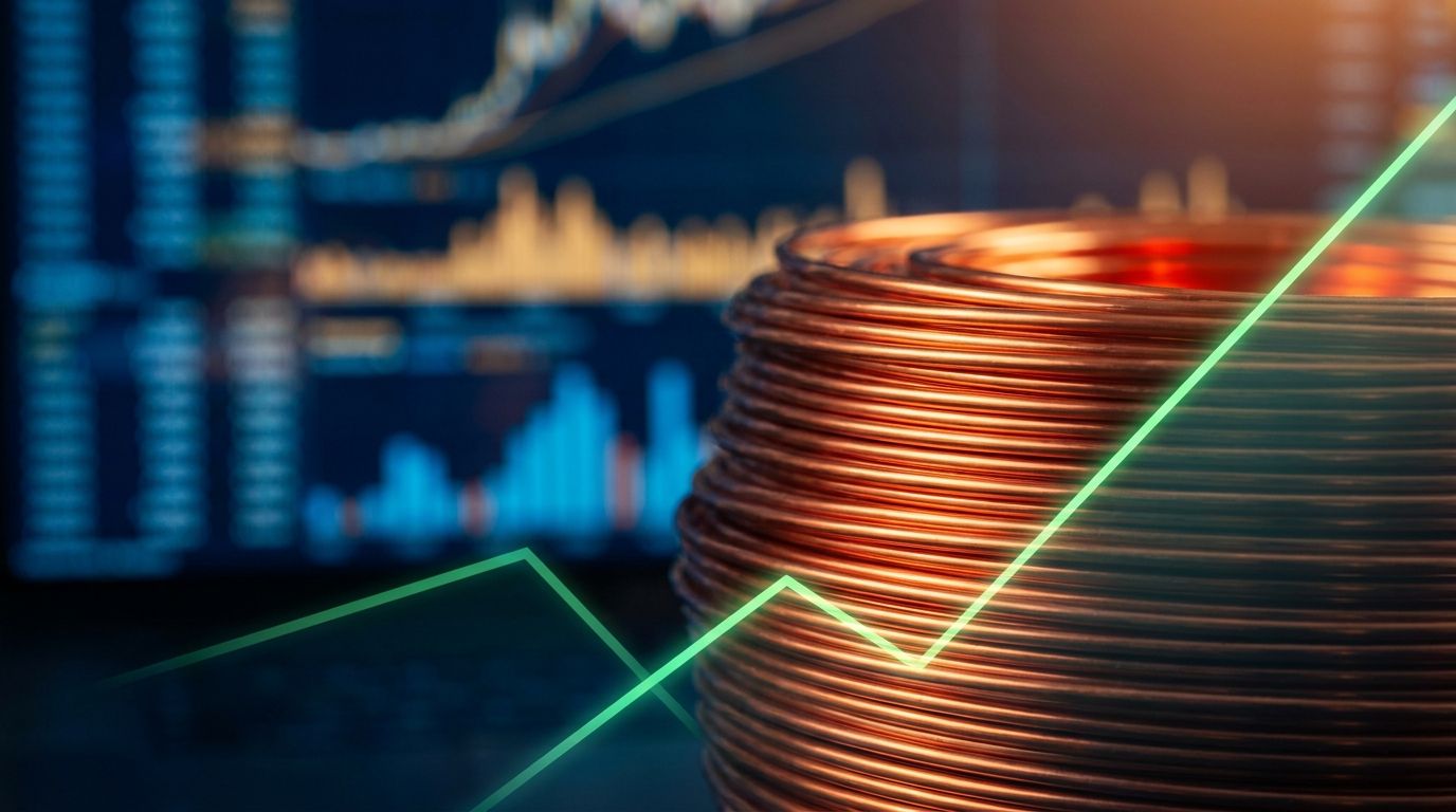 A dramatic close-up of gleaming copper metal or copper wire coils with a warm, molten orange-red glow, overlaid with a sharply rising green stock chart line cutting diagonally upward across the frame.