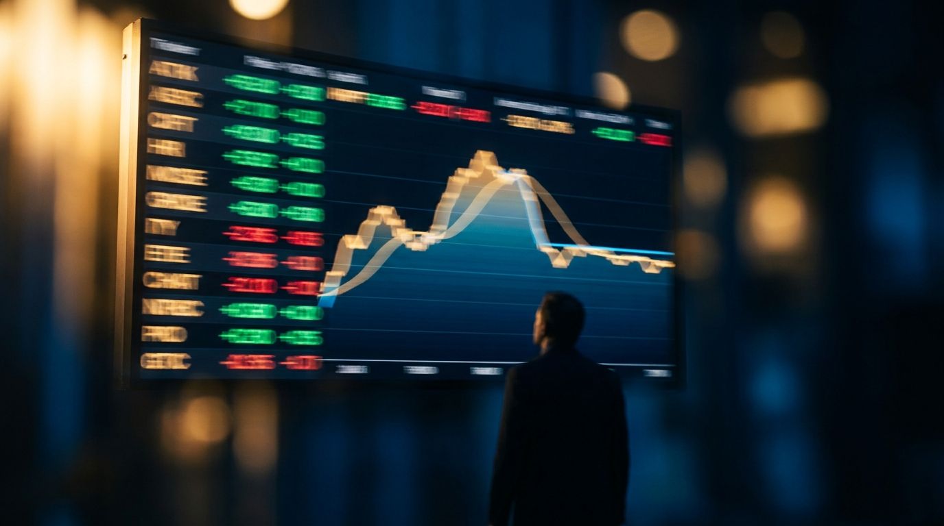 A large stock market ticker board displays a mix of green and red arrows, with the S&P 500 line chart peaking at an all-time high before flattening into choppy, sideways movement.