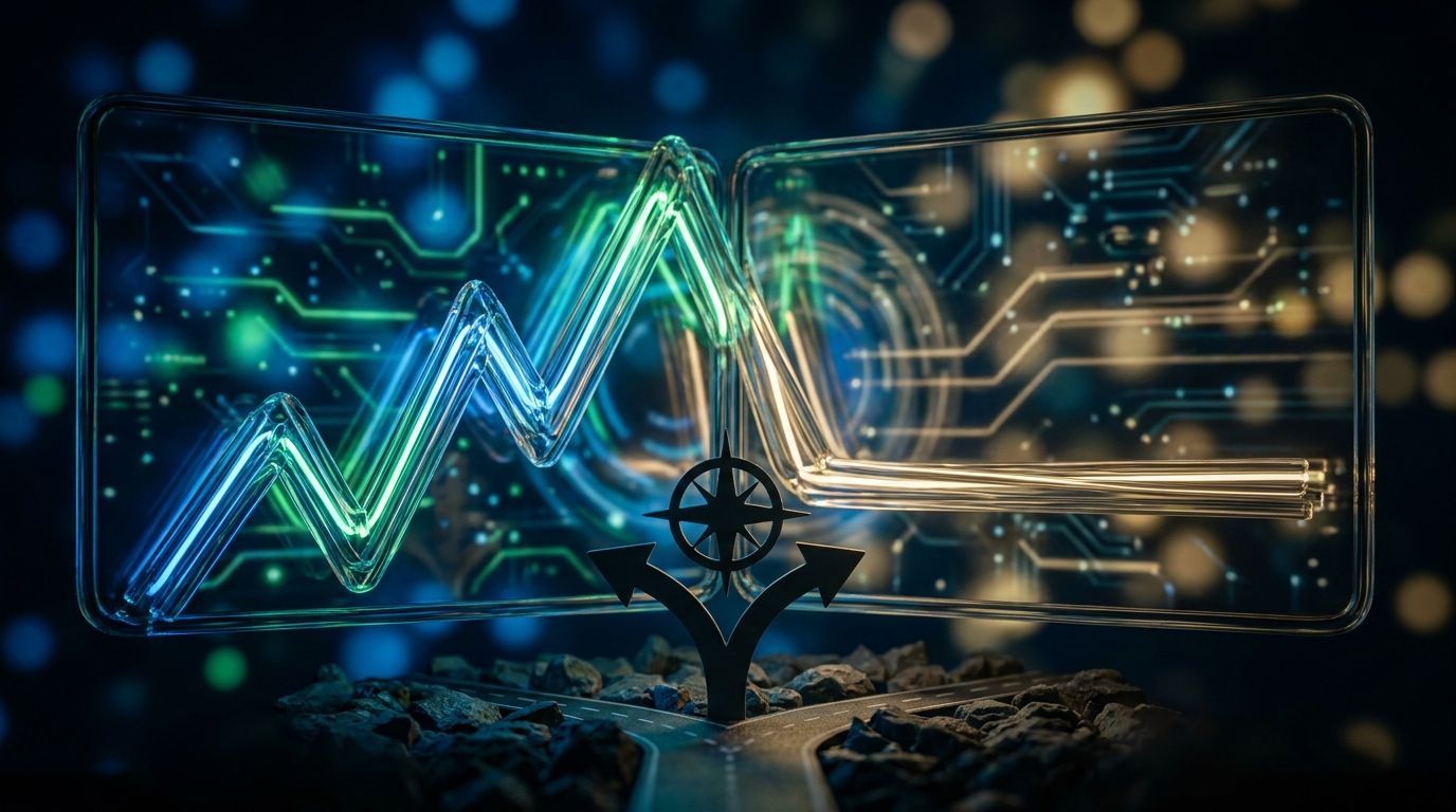 A split-screen visualization showing two diverging stock chart lines pulling dramatically apart against a dark financial background, with one line surging upward while the other flatlines, symbolizing the market disconnect. In the foreground, a lone figure stands at a crossroads or fork in the road, silhouetted against a glowing screen filled with stock tickers and AI-related imagery, representing the critical decision point investors face. The overall mood should feel tense and urgent, with coo
