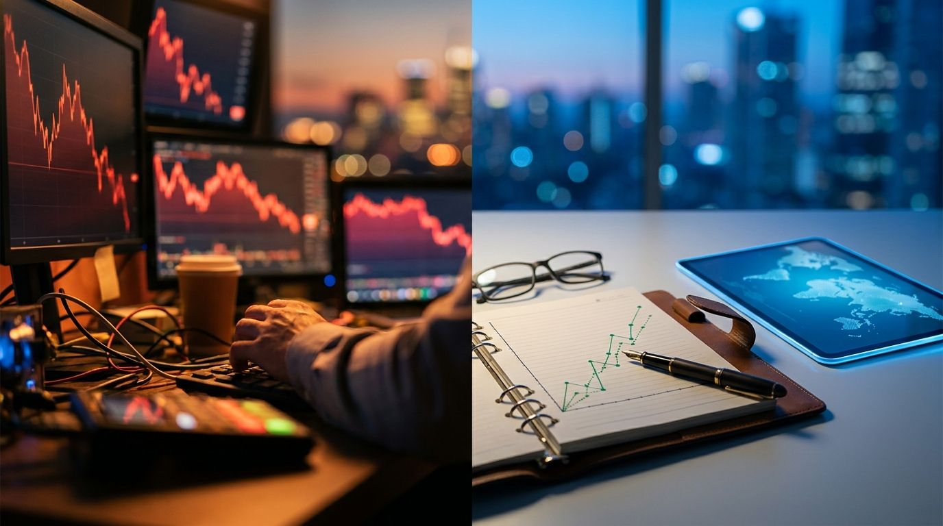 A split-scene image showing a sharp contrast between an impulsive, emotional trader frantically watching multiple chaotic screens with red charts, versus a calm, composed trader sitting back confidently reviewing a clean, organized trading journal or notebook. The disciplined trader's side features cool blue tones, orderly green charts, and a measured, businesslike atmosphere — like a professional office environment. This visual tension immediately captures the core message: the difference betwe
