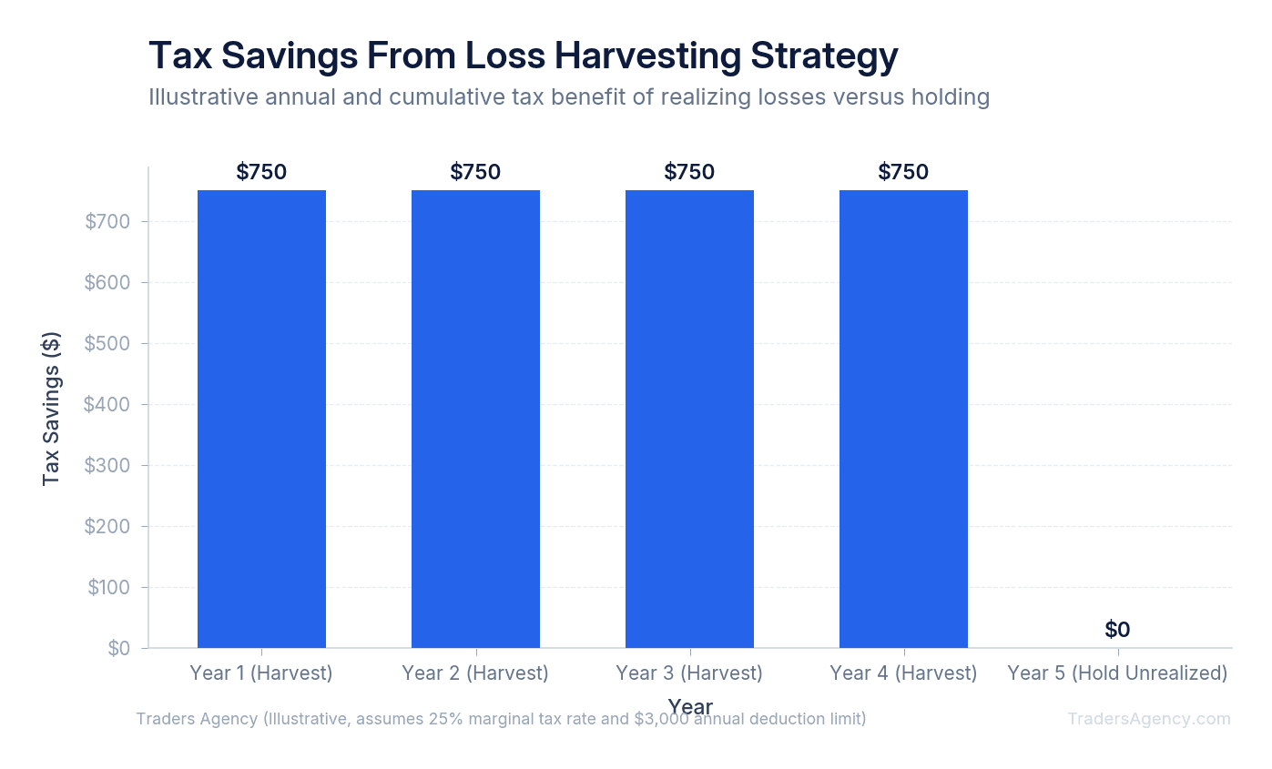 Bar chart comparing tax savings from harvested losses ($3,000 deduction) versus holding positions with unrealized losses, showing cumulative benefit over multiple years