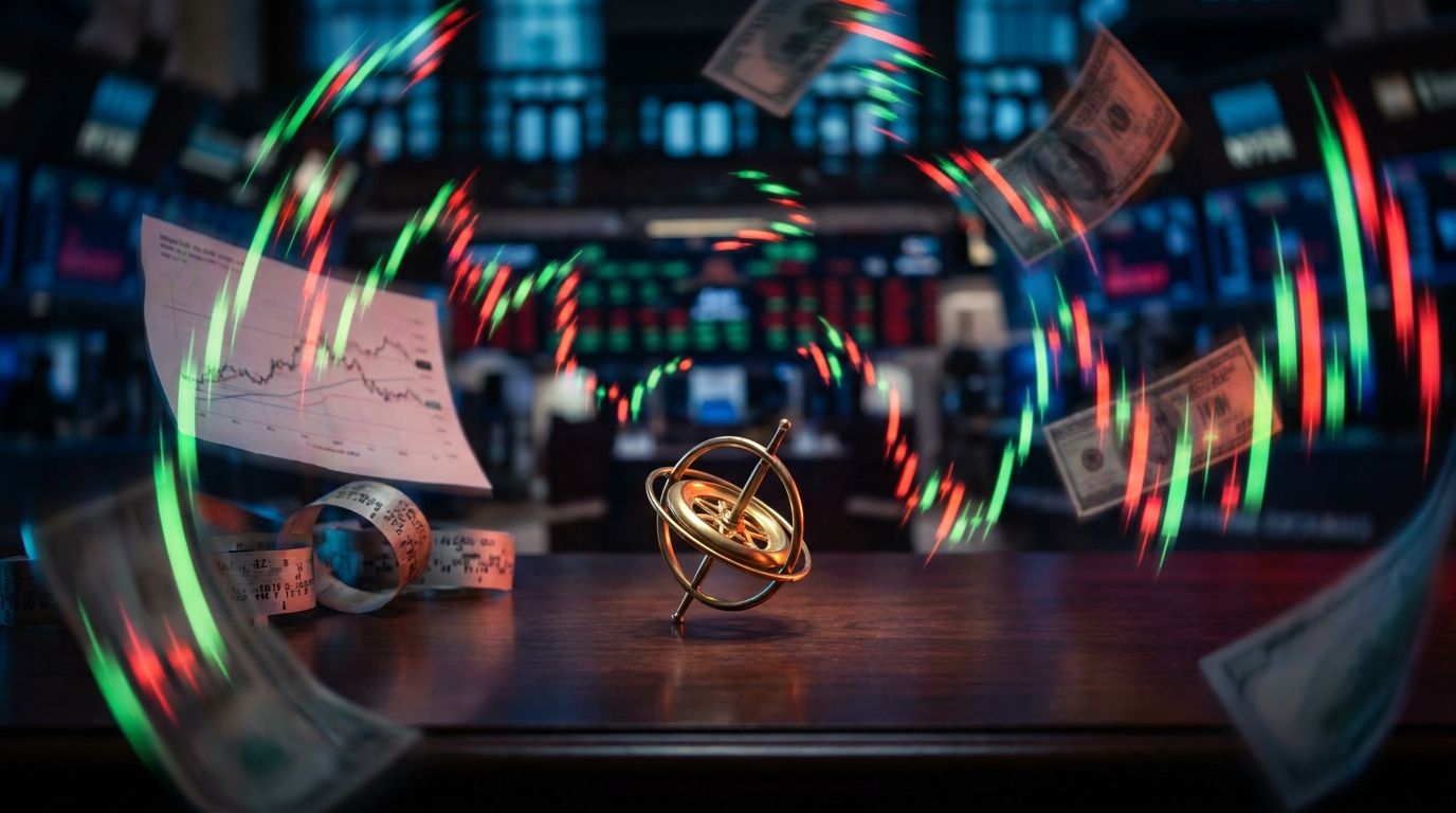 A lone figure stands calmly at the center of a stormy financial trading floor, with swirling charts, red and green candlestick graphs, and chaotic price movements radiating outward around them. The figure's composed, steady posture contrasts sharply with the turbulent, almost tornado-like vortex of market data and frantic energy surrounding them. The color palette shifts from warm, stable golden light at the center to intense reds and electric greens in the chaotic outer edges, visually reinforc