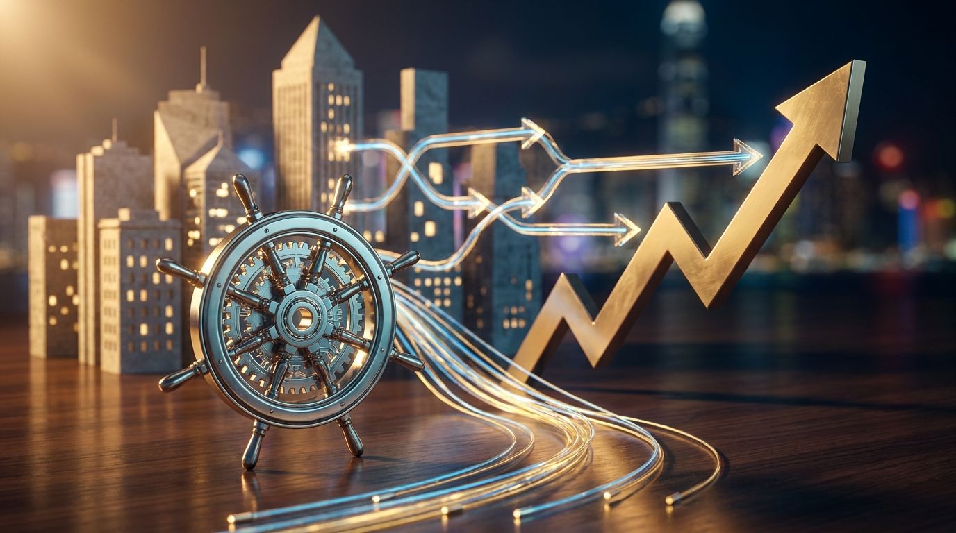 A confident trader or investor figure standing at the helm, with glowing streams of money or capital flowing visibly from large institutional buildings toward a rising stock chart. The visual metaphor of "borrowing conviction" could be represented by interconnected arrows or currents linking big financial institutions to a single upward-trending asset. Bold, dynamic lighting — perhaps gold and deep blue tones — should reinforce the sense of following powerful market forces to gain an edge.