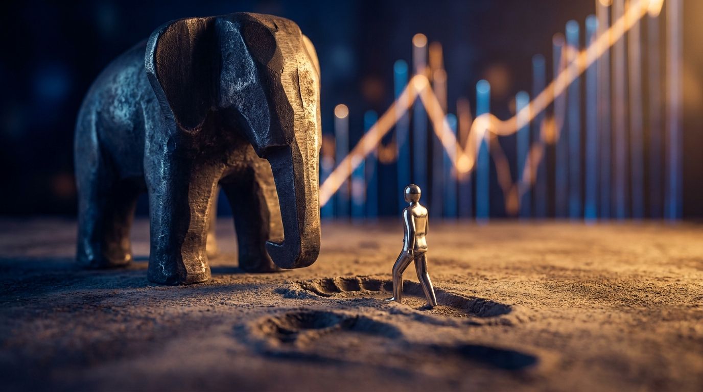 A massive elephant (representing institutional "big money") leaves deep footprints in the ground, while a nimble, small figure follows closely behind, stepping into those same prints with ease. The scene is set against a backdrop of glowing stock chart lines trending upward, bathed in dramatic golden light that conveys both wealth and urgency. The contrast in scale between the two figures visually captures the core idea of retail traders leveraging the unavoidable market footprints left by giant
