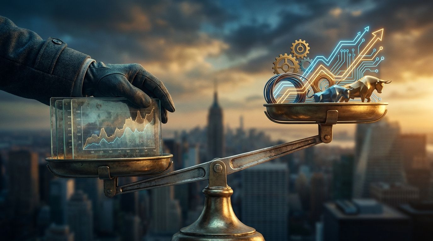 A split-composition image showing two contrasting sides of a financial scale or balance — one side weighted down with cautious, muted tones (perhaps a restrained hand pulling back from a glowing market chart), and the other side lifted by bold, upward-trending data lines in electric blue and gold. The background subtly evokes the mood of September — perhaps a transitional late-summer sky shifting toward autumn hues — reinforcing the theme of seasonal uncertainty and change. The overall compositi