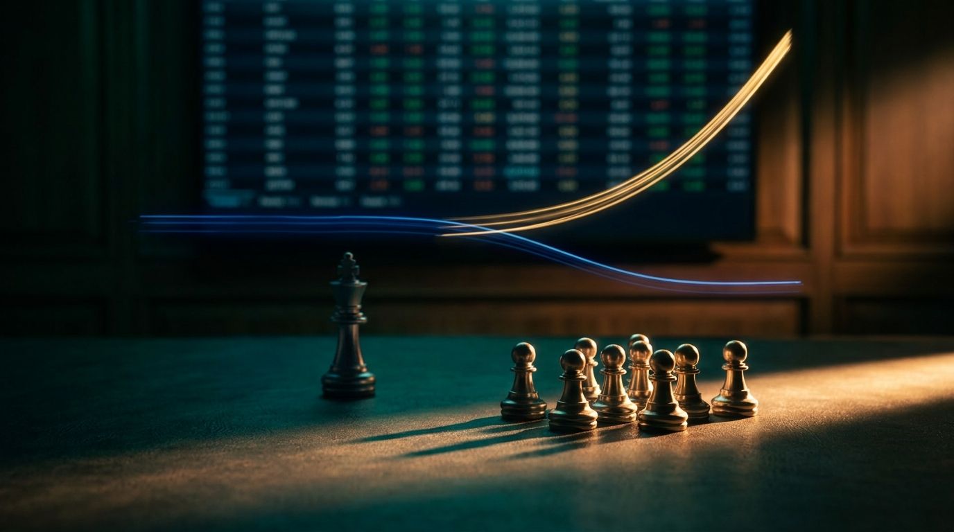 A split visual showing two contrasting stock chart lines dramatically diverging — one flat line representing growth stocks and one sharply climbing line representing value stocks — set against a dark financial dashboard background. In the foreground, a spotlight or beam of light illuminates a crowd of smaller, overlooked chess pawns rising up while a lone king piece stands dimly lit in the background, symbolizing the shift in market leadership. The overall color palette uses deep blues and green