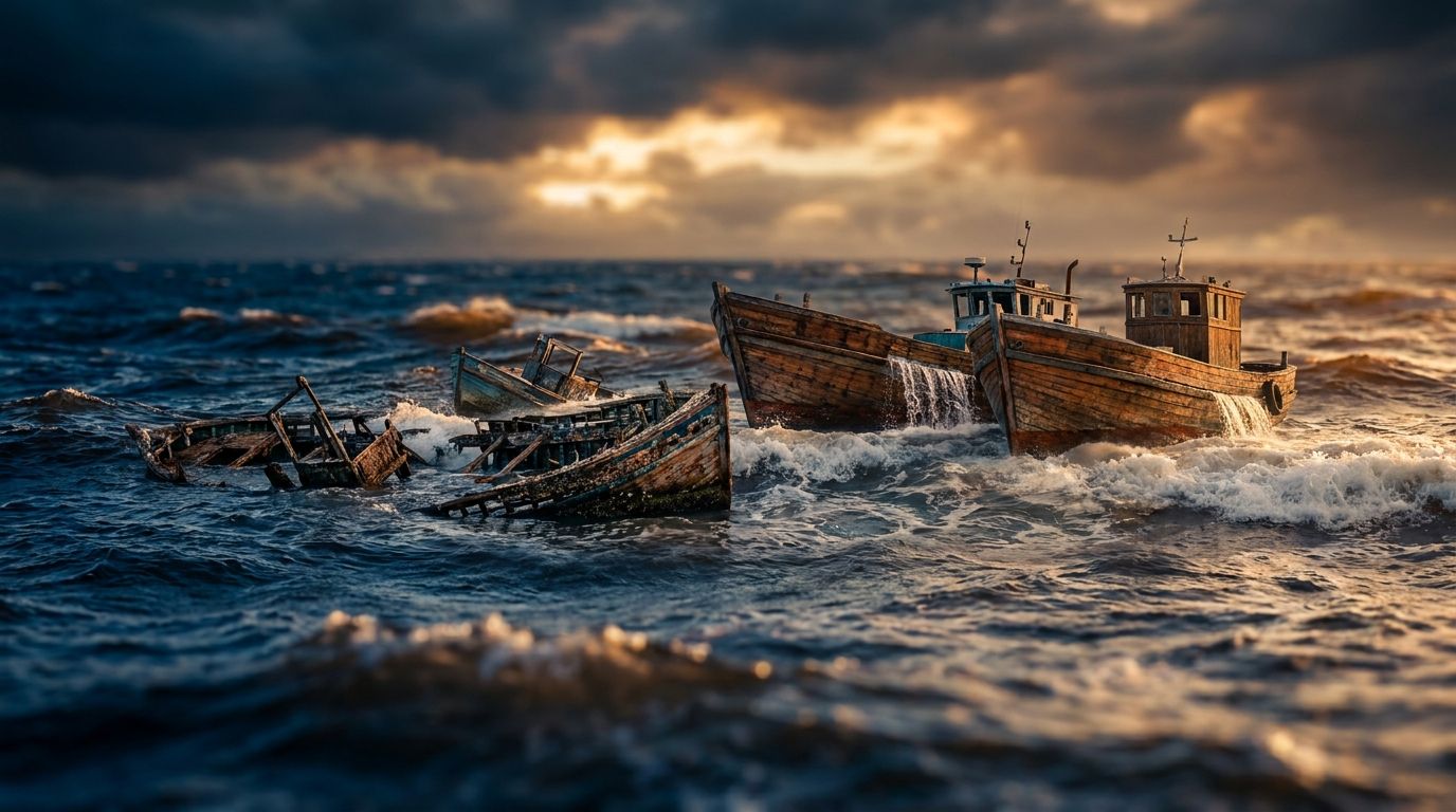 A dramatic ocean scene showing a powerful rising tide lifting both sturdy boats and clearly damaged, sinking vessels to the same height, with stormy clouds gathering on the horizon suggesting hidden danger beneath the deceptively calm surface. The contrast between the solid vessels and the waterlogged wrecks being temporarily buoyed creates an immediate visual metaphor for the market's indiscriminate rally. Golden light breaks through the clouds in the background, hinting at opportunity for thos