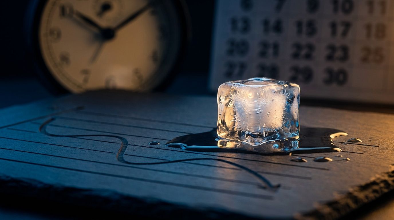 A melting ice cube sits on a dark, sleek surface, visibly dripping and shrinking, with a dramatic clock or calendar fading into the background to symbolize the relentless passage of time.